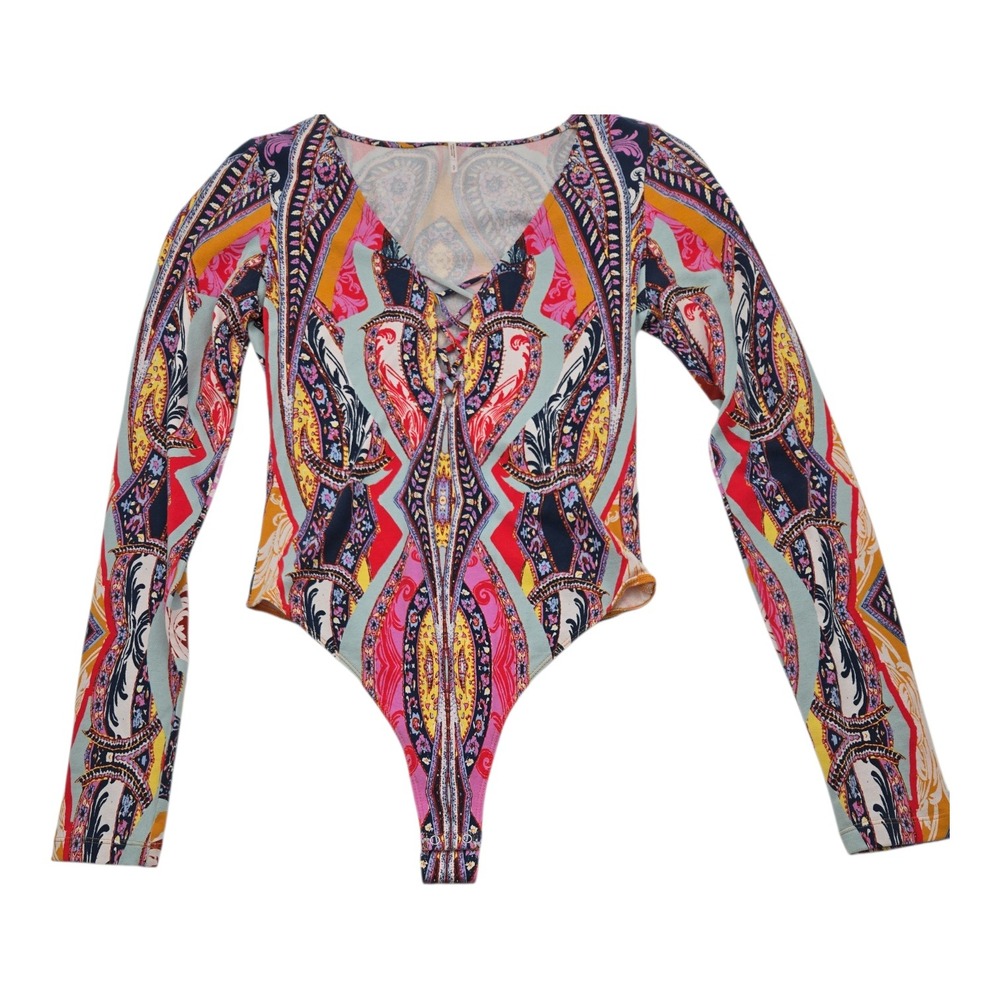 Free People Paisley Print Long Sleeve Lace Up Bodysuit Women's Size Small Boho